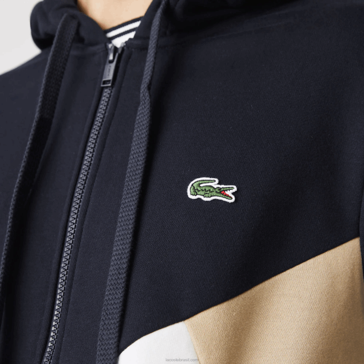 Lacoste moletom de lã com capuz e letras colorblock homens azul marinho branco bege e8t 88BL997 - Image 6