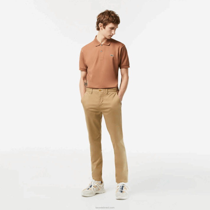 Lacoste novas calças clássicas de algodão elástico de ajuste fino homens bege cb8 88BL476 - Image 1