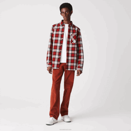 Lacoste overshirt de flanela xadrez regular fit homens branco vermelho azul marinho sxb 88BL1607