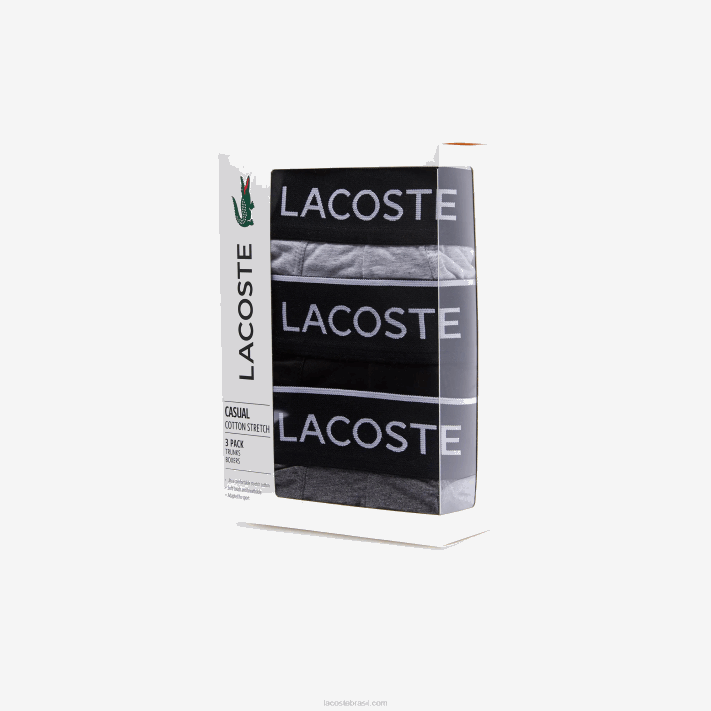 Lacoste pacote com 3 cuecas boxer de assinatura casual homens lombo cinza preto vdp 88BL1328 - Image 6