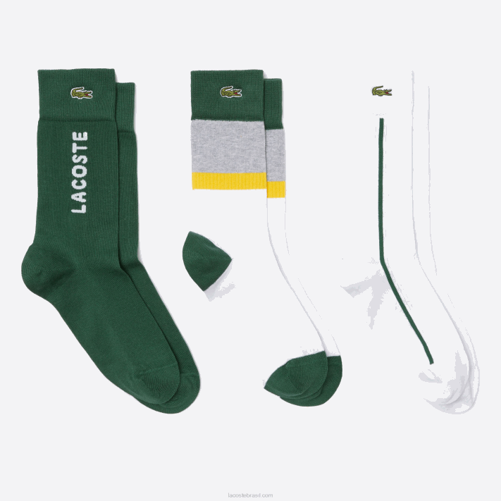 Lacoste pacote de três meias de algodão com nervuras de corte alto homens lombo cinza amarelo verde lly 88BL1686 - Image 1