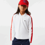 Lacoste polo com zíper de banda contrastante garotas branco vermelho 7hu 88BL3144