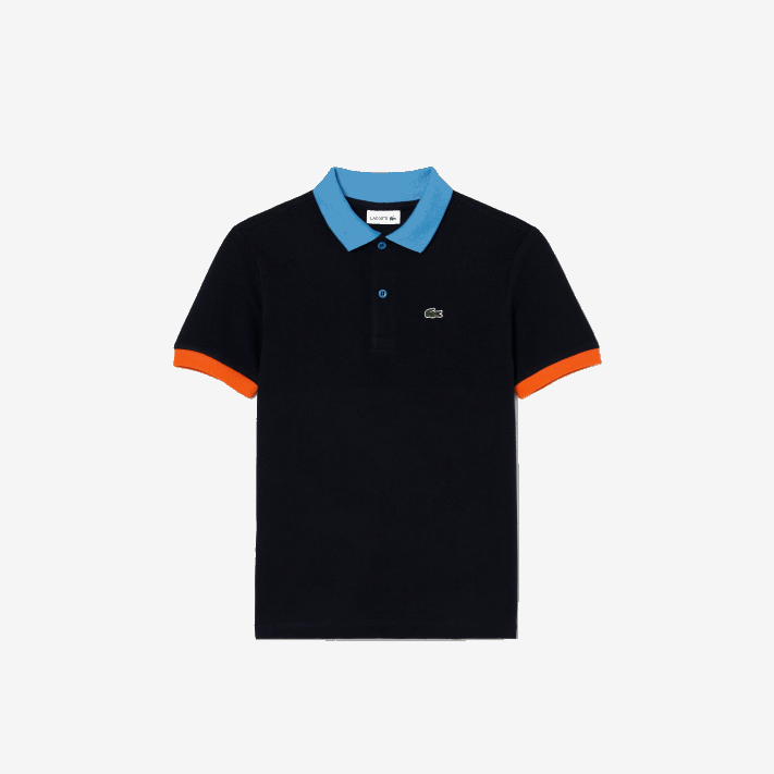 Lacoste polo em piquê de algodão gola contrastante Rapazes azul marinho laranja x57 88BL2959 - Image 1