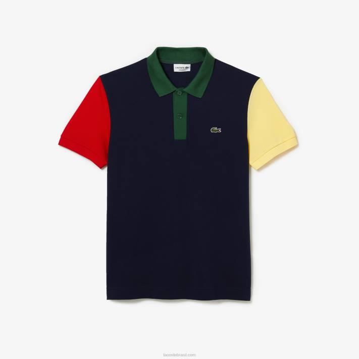 Lacoste Polo petit piquê de algodão colorblock regular fit homens azul marinho vermelho amarelo verde 821 88BL558 - Image 2