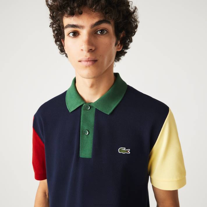 Lacoste Polo petit piquê de algodão colorblock regular fit homens azul marinho vermelho amarelo verde 821 88BL558 - Image 1