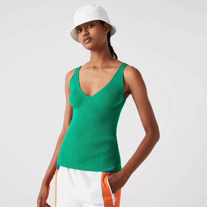 Lacoste regata de malha canelada sem costura mulheres ldm verde 88BL2647 - Image 5