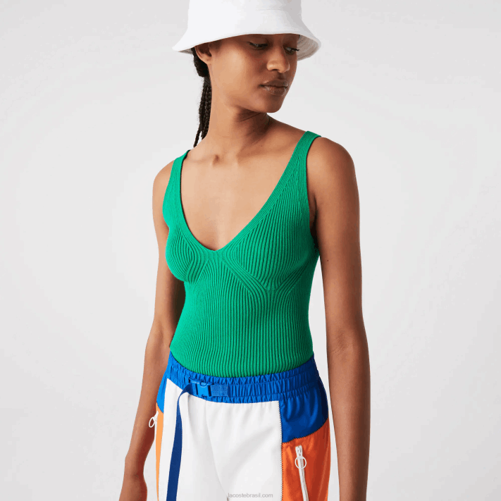 Lacoste regata de malha canelada sem costura mulheres ldm verde 88BL2647 - Image 1