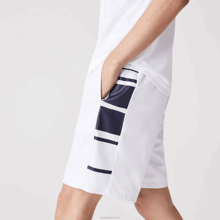 Lacoste shorts de faixas laterais estampadas esportivas homens branco azul marinho 522 88BL1596 - Image 4