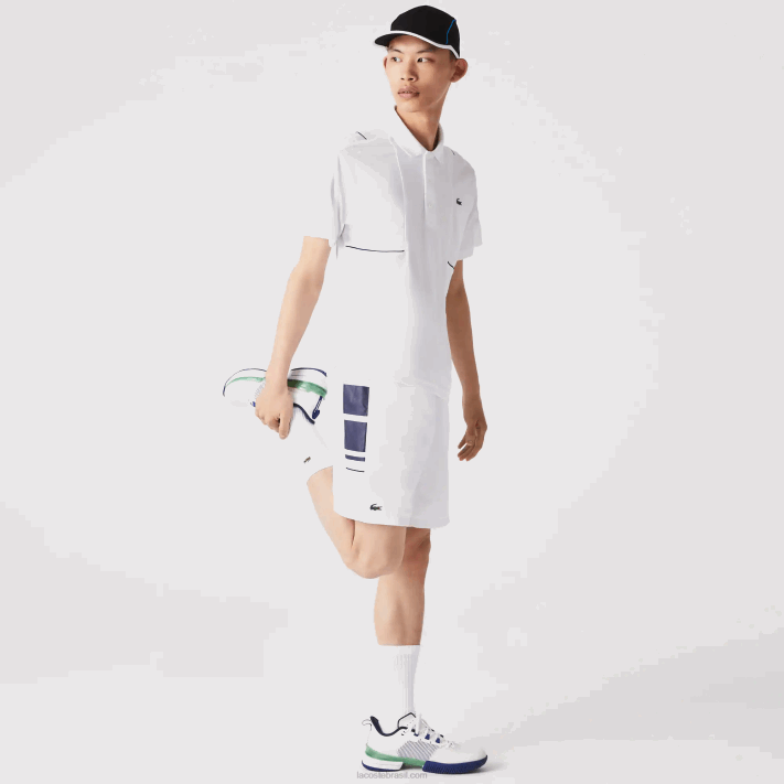 Lacoste shorts de faixas laterais estampadas esportivas homens branco azul marinho 522 88BL1596 - Image 6