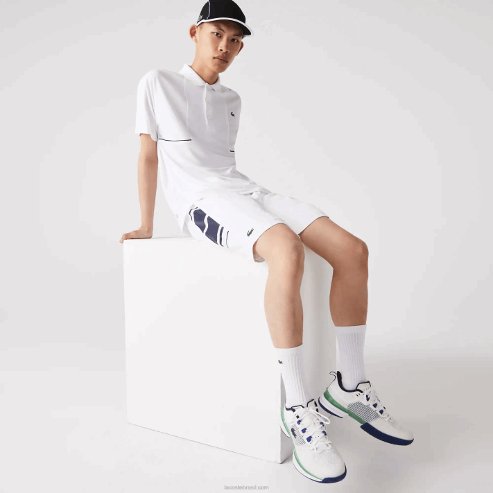 Lacoste shorts de faixas laterais estampadas esportivas homens branco azul marinho 522 88BL1596 - Image 1