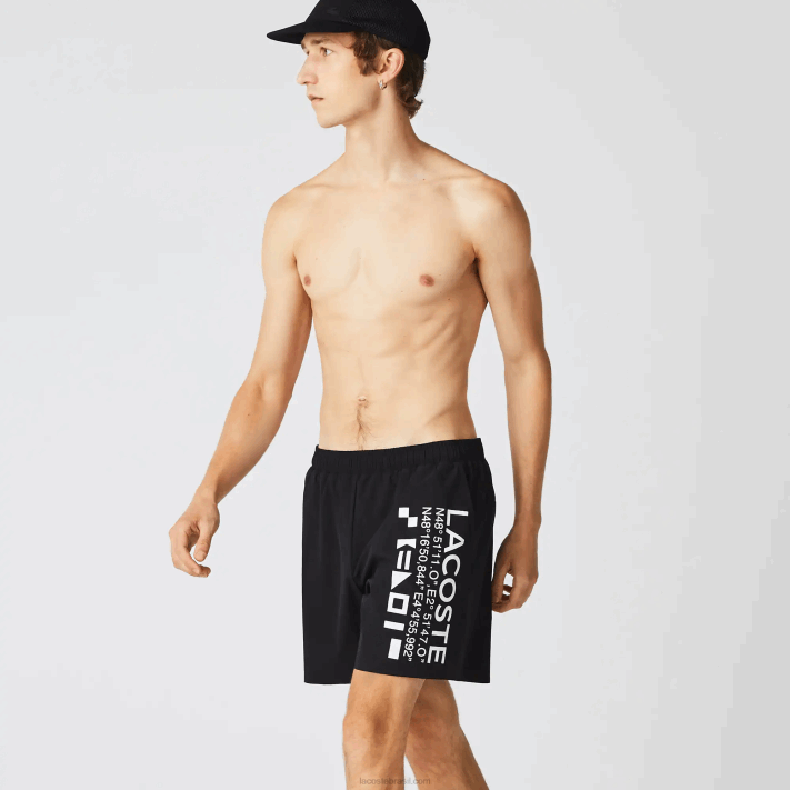 Lacoste shorts de natação com estampa náutica homens preto branco 9m0 88BL1662 - Image 1