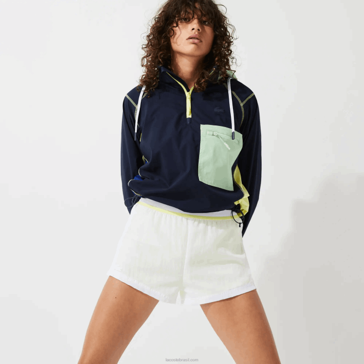 Lacoste shorts esportivos de náilon leve mulheres branco chamativo amarelo 6b2 88BL2659 - Image 1