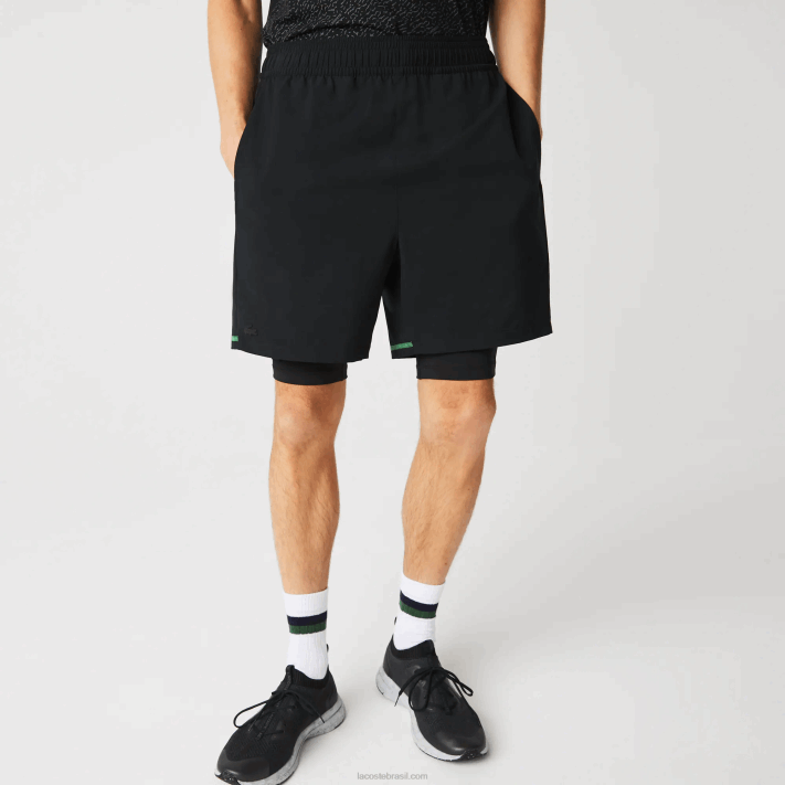 Lacoste shorts esportivos em camadas homens preto verde branco 9az 88BL1545 - Image 2