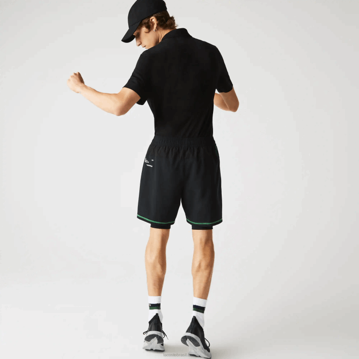 Lacoste shorts esportivos em camadas homens preto verde branco 9az 88BL1545 - Image 3