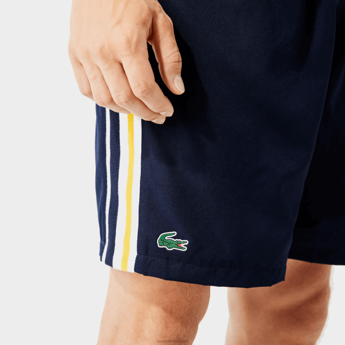 Lacoste shorts leves de bandas de contraste esportivo homens apk azul marinho amarelo branco 88BL1363 - Image 4