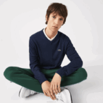 Lacoste suéter de algodão orgânico com decote em V homens chinelo azul 3gf 88BL1325 - Image 4