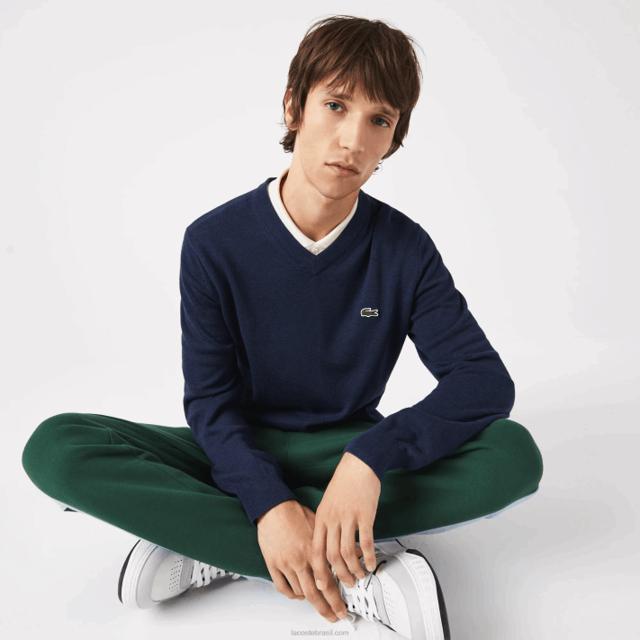 Lacoste suéter de algodão orgânico com decote em V homens chinelo azul 3gf 88BL1325 - Image 4