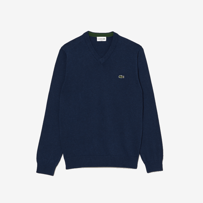 Lacoste suéter de algodão orgânico com decote em V homens chinelo azul 3gf 88BL1325 - Image 5