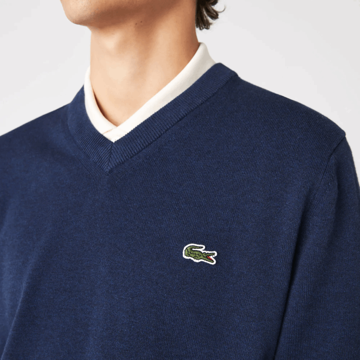 Lacoste suéter de algodão orgânico com decote em V homens chinelo azul 3gf 88BL1325 - Image 6
