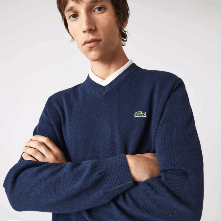Lacoste suéter de algodão orgânico com decote em V homens chinelo azul 3gf 88BL1325 - Image 1