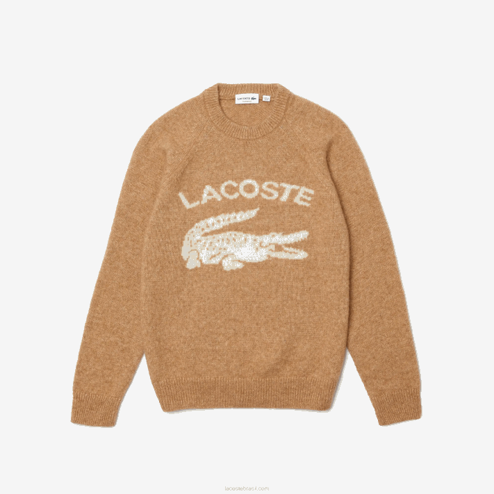 Lacoste suéter de alpaca de mistura de crocodilo com contraste de marca homens bege branco fp9 88BL1465 - Image 4