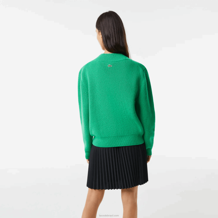 Lacoste suéter de lã com decote em V com distintivo cômico mulheres ldm verde 88BL2643 - Image 3