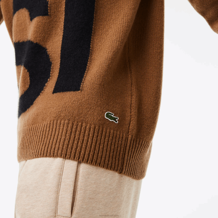 Lacoste suéter de lã com letras contrastantes de ajuste clássico homens marrom preto xp9 88BL1448 - Image 4