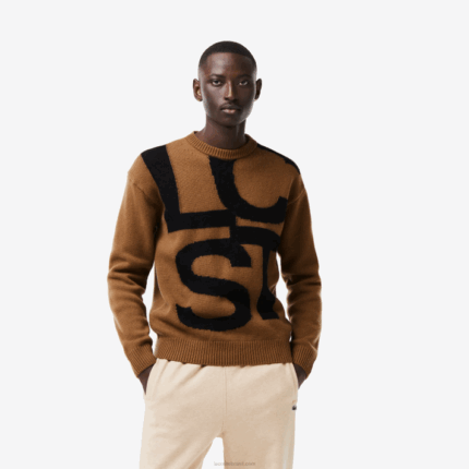 Lacoste suéter de lã com letras contrastantes de ajuste clássico homens marrom preto xp9 88BL1448