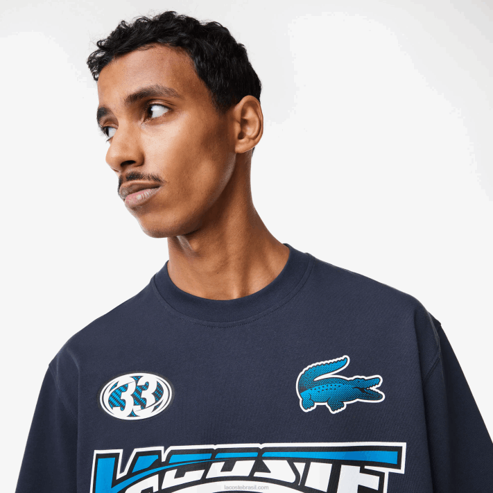 Lacoste t-shirt com estampa de jérsei de algodão solto homens kxe azul 88BL146 - Image 2