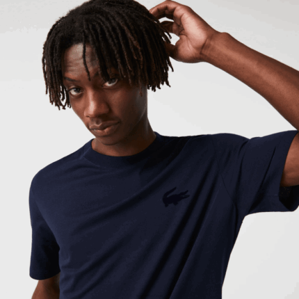 Lacoste t-shirt de algodão de gola redonda de crocodilo de veludo homens azul marinho 166 88BL1344