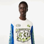 Lacoste t-shirt estampada de manga comprida folgada homens branco azul zil 88BL149 - Image 2