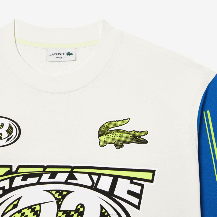 Lacoste t-shirt estampada de manga comprida folgada homens branco azul zil 88BL149 - Image 4