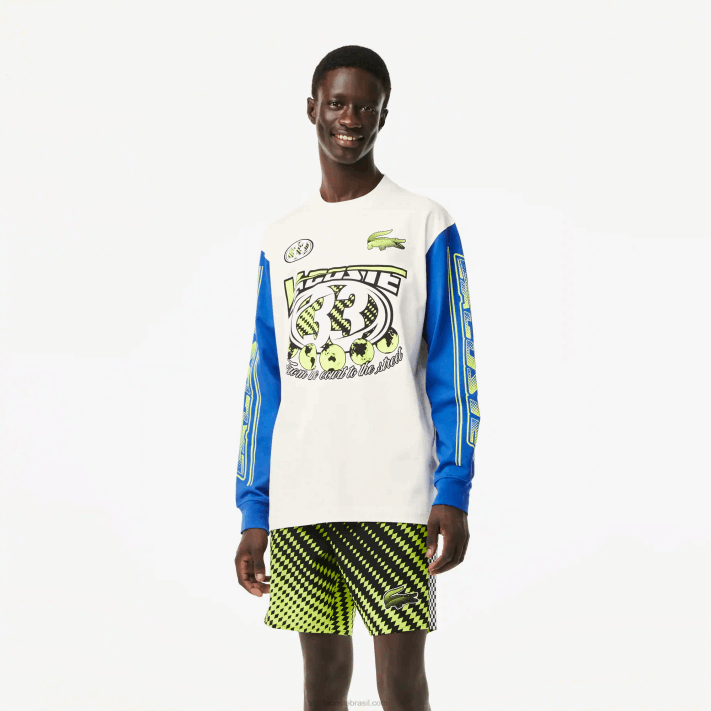 Lacoste t-shirt estampada de manga comprida folgada homens branco azul zil 88BL149 - Image 1