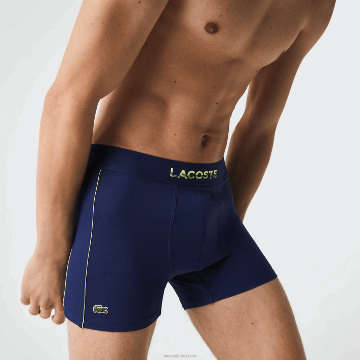 Lacoste tronco de malha técnica respirável homens azul marinho chamativo amarelo 39n 88BL1556 - Image 2