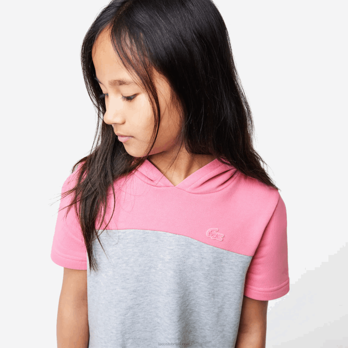 Lacoste vestido com capuz colorblock em algodão orgânico garotas chinelo cinza rosa ew1 88BL3079 - Image 2