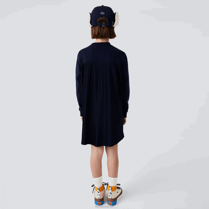 Lacoste vestido de lã de algodão plissado nas costas garotas azul marinho 166 88BL3287 - Image 3