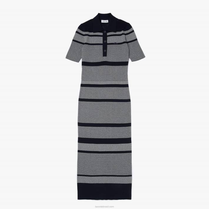 Lacoste vestido polo de comprimento médio listrado em malha de algodão mulheres preto/branco 88BL2509 - Image 1