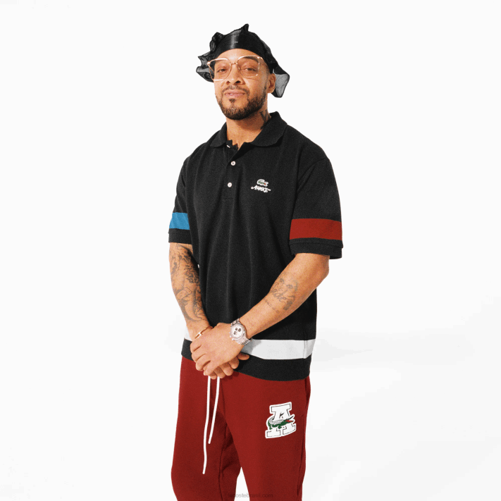 polo piquê de algodão lacoste x wake ny color block homens preto 031 88BL899 - Image 3