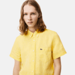 Lacoste camisa de linho manga curta homens amarelo 107 88BL496 - Image 2