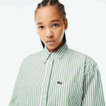 Lacoste camisa listrada de popeline de algodão mulheres branco caqui verde vi4 88BL2448 - Image 2