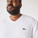 Lacoste camisa polo de algodão com decote em v canelado regular fit (tamanho grande) homens branco 001 88BL707 - Image 4