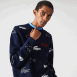 Lacoste feito na frança suéter jacquard de algodão orgânico com gola redonda homens preto/branco 88BL1629 - Image 2