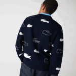 Lacoste feito na frança suéter jacquard de algodão orgânico com gola redonda homens preto/branco 88BL1629 - Image 3