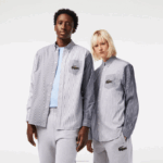 Lacoste grande camisa de algodão listrada de crocodilo homens branco azul marinho 522 88BL493