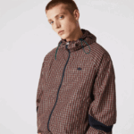 Lacoste Jaqueta xadrez leve com capuz com zíper ao vivo homens qrn branco azul marinho 88BL1278