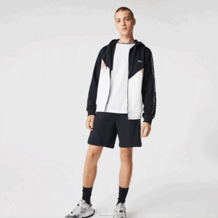 Lacoste moletom de lã com capuz e letras colorblock homens azul marinho branco bege e8t 88BL997