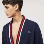 Lacoste roupão piquê de algodão com faixa tricolor homens azul marinho 166 88BL1571 - Image 2
