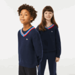 Lacoste suéter de algodão com gola listrada contrastante crianças qrn branco azul marinho 88BL3284