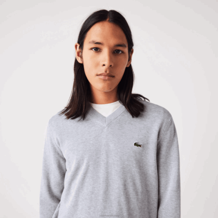 Lacoste suéter de algodão orgânico com decote em V homens chine cinza cca 88BL1568